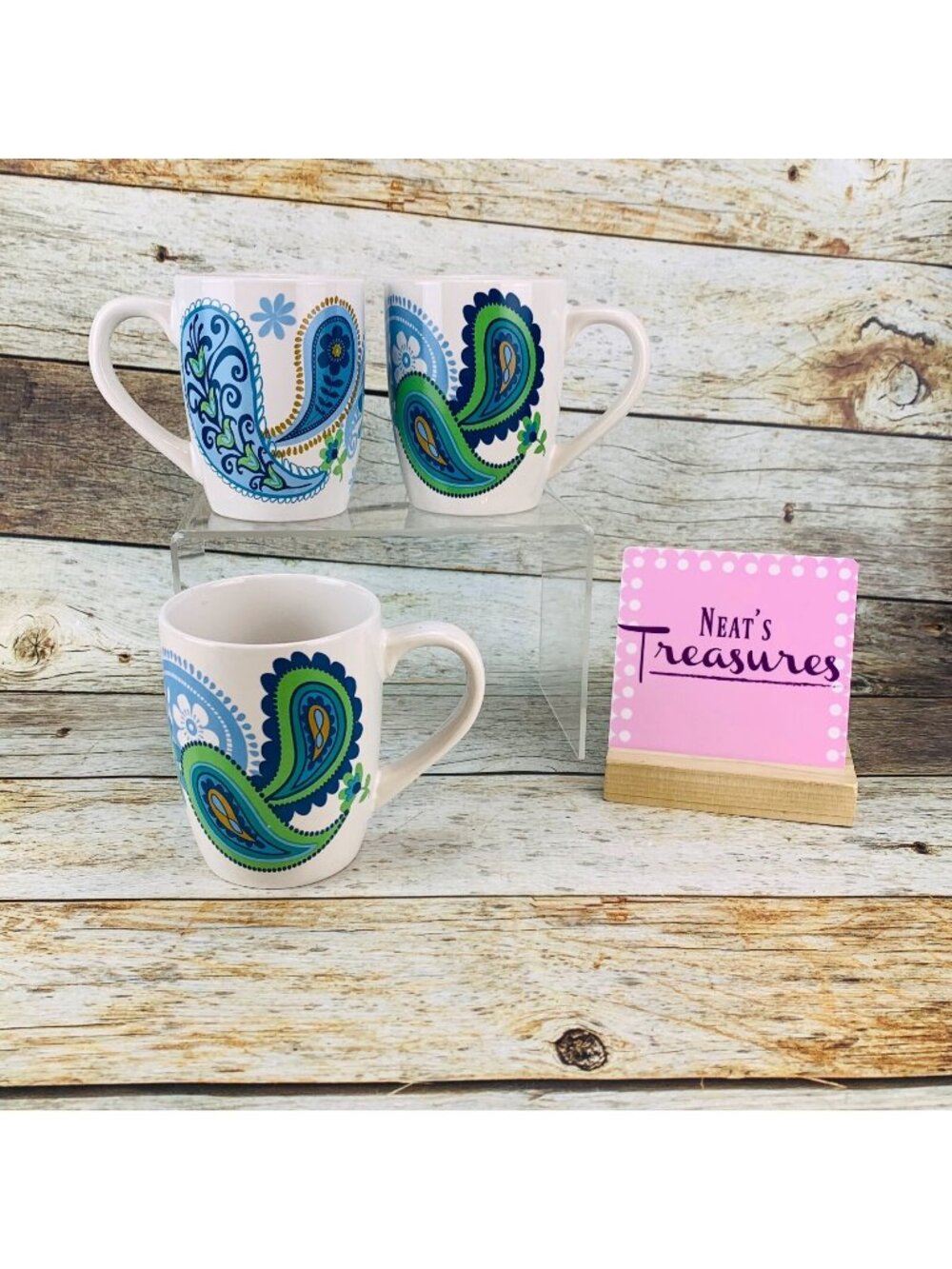 Royal Norfolk RNF124 Blue Green Paisley Stoneware Round Coffee Cup Mug Set of 3